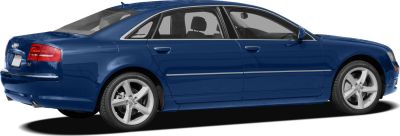 Side profile of a blue luxury sedan with alloy wheels and chrome trim