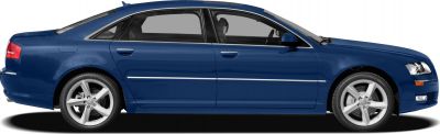 Side profile of a blue luxury sedan with 5-spoke alloy wheels