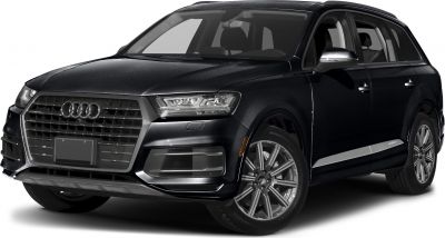 Front view of sleek black SUV with distinctive grille and LED headlights