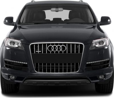 Front view of SUV with LED headlights and vertical slat grille