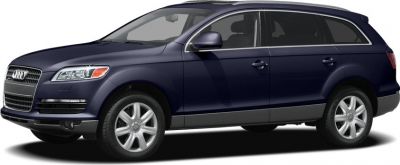 Side profile of a dark blue large SUV with alloy wheels.