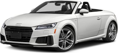 White convertible front angled view with sporty grille and alloy wheels