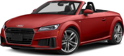 Front-side view of sporty convertible with sleek grille and alloy wheels