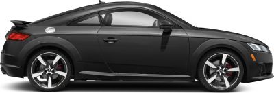 Side profile of a sleek coupe with sporty alloy wheels and rear spoiler