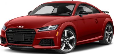 Red coupe with aggressive front grille and LED headlights