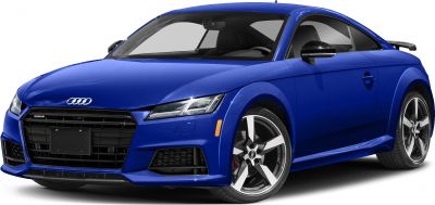 Front and side view of blue coupe with alloy wheels