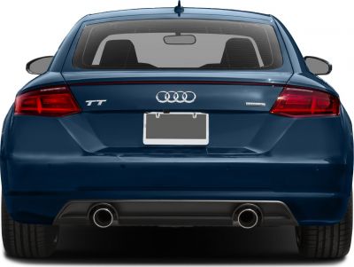 Rear view showcasing taillights and dual exhaust of a coupe