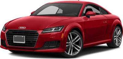 Aggressive front grille, sleek headlights, alloy wheels on a sporty red coupe