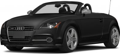 Black convertible front view with alloy wheels and open roof