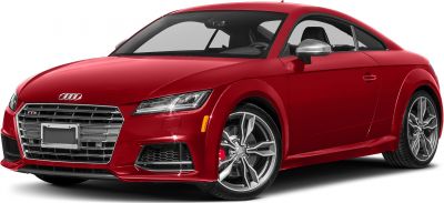 Red sporty coupe front side view with sleek headlights and alloy wheels