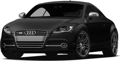 Black sporty coupe front view with distinctive grille and headlights