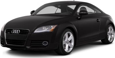 Front view of sleek sports coupe with LED headlights and alloy wheels