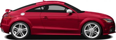 Side profile of red sports coupe with alloy wheels and rear spoiler