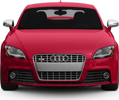 Red sports coupe front with signature grille and headlights