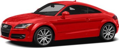 Side profile view of a red sports coupe with sleek lines and alloy wheels