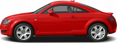 Side profile of a red two-door coupe with sporty alloy wheels