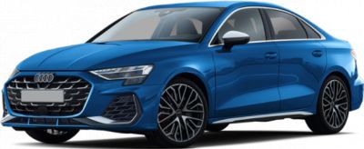 Front and side view of blue sportback with angular grille and alloy wheels