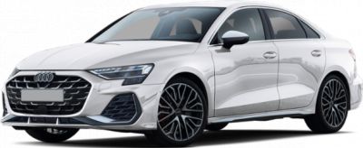 Front-side white Audi S3 Sportback with LED headlights and sporty grille.