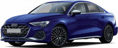 Blue Audi S3 Sportback front-side view showing grille and alloy wheels