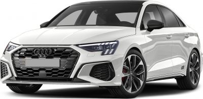 Front view with hexagonal grille and LED headlights on sporty sedan