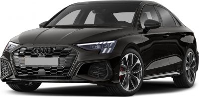 Front view of a sedan with LED headlights and honeycomb grille
