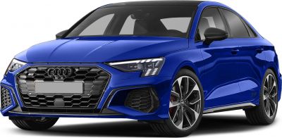 Blue sedan front with hexagonal grille and LED headlights