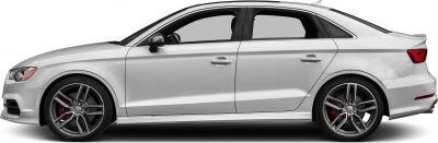 Silver sedan side view with sporty alloy wheels and red brake calipers