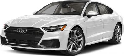 White luxury sedan front-side view with LED headlights and sleek grille