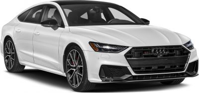 Front and side view of a white luxury sportback sedan with LED headlights and detailed alloy wheels