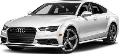 Front view of a luxury sportback car with V8 badge and LED headlights