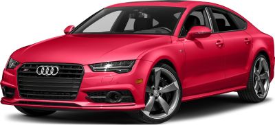 Red luxury sports sedan, front angled view, LED headlights, aerodynamic design