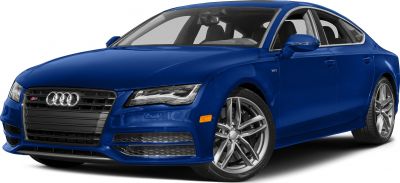 Front view of blue luxury sports sedan with LED headlights and alloy wheels