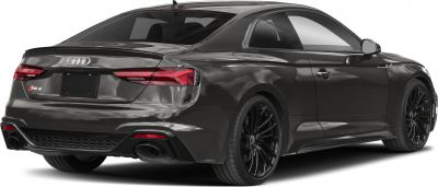 Rear side view of sleek coupe with black wheels and dual exhaust