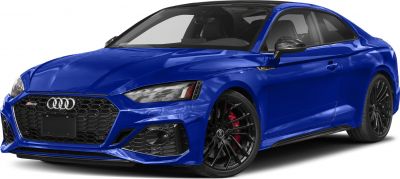 Blue sporty coupe with black multi-spoke wheels and aggressive front grille