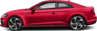 Side view of red sporty coupe with alloy wheels and aerodynamic side skirts
