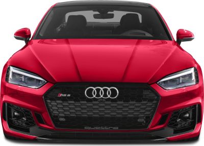 Aggressive honeycomb grille and LED headlights on sporty coupe front