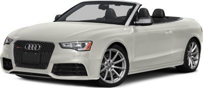 Front side view of convertible with sporty grille and open roof