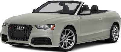 Front view of convertible sports car with LED headlights and open roof