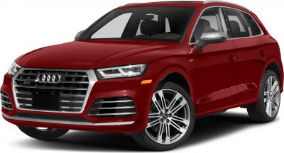 Red SUV front-side with chrome grille and alloy wheels