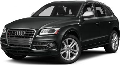 Front three-quarter view of black SUV with grille and alloy wheels