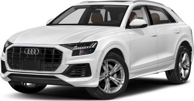 Front view of luxury SUV with aggressive grille and LED headlights