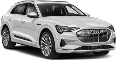 Front side view of an electric SUV with LED headlights and a bold grille.