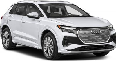 Front-side view of white electric SUV with LED headlights and sleek grille