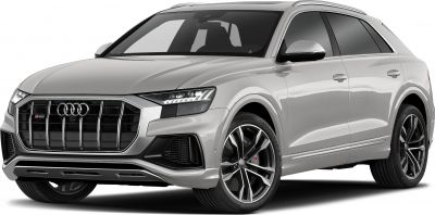 Front view with large grille and LED headlights of a modern SUV