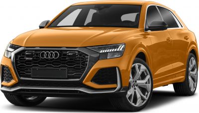 Bold front grille and sporty LED headlights of a high-performance SUV