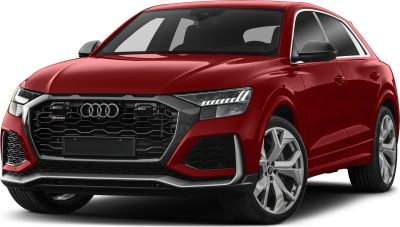 Front view showing large grille and LED headlights on red luxury SUV