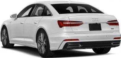 Rear and side profile with LED taillights of a white luxury sedan
