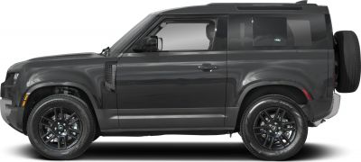 Side profile of Defender 90 with spare tire and black wheels
