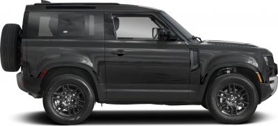 Side profile of black rugged 2-door SUV with spare tire and alloy wheels