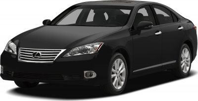 Front side view of black sedan with sleek headlights and grille